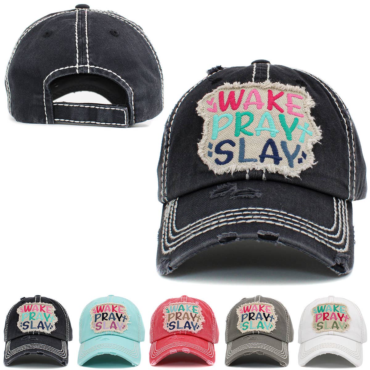 Wake Pray Slay Washed Vintage Ballcap: Grey