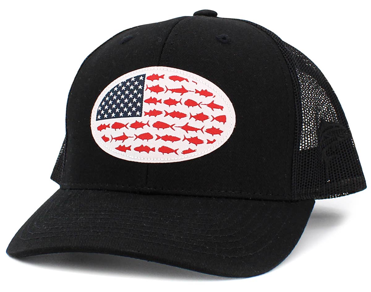 USA Fish Flag Mesh Back Ballcap: BLK-BLK