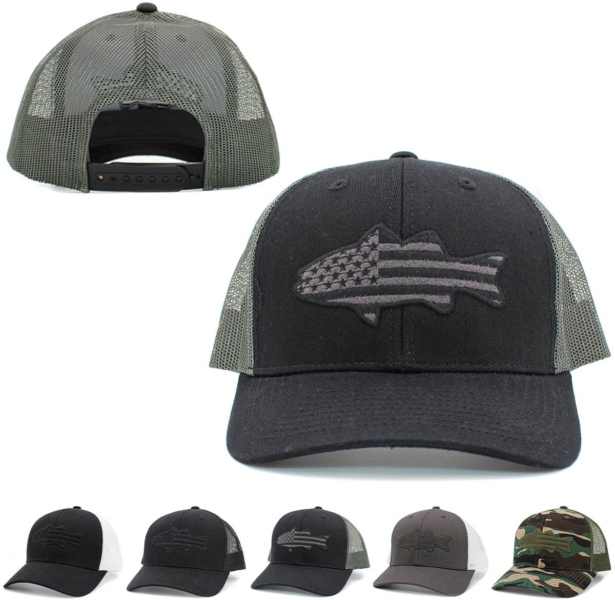 Fish Flag Mesh Back Ballcap: BLK-Dark Grey