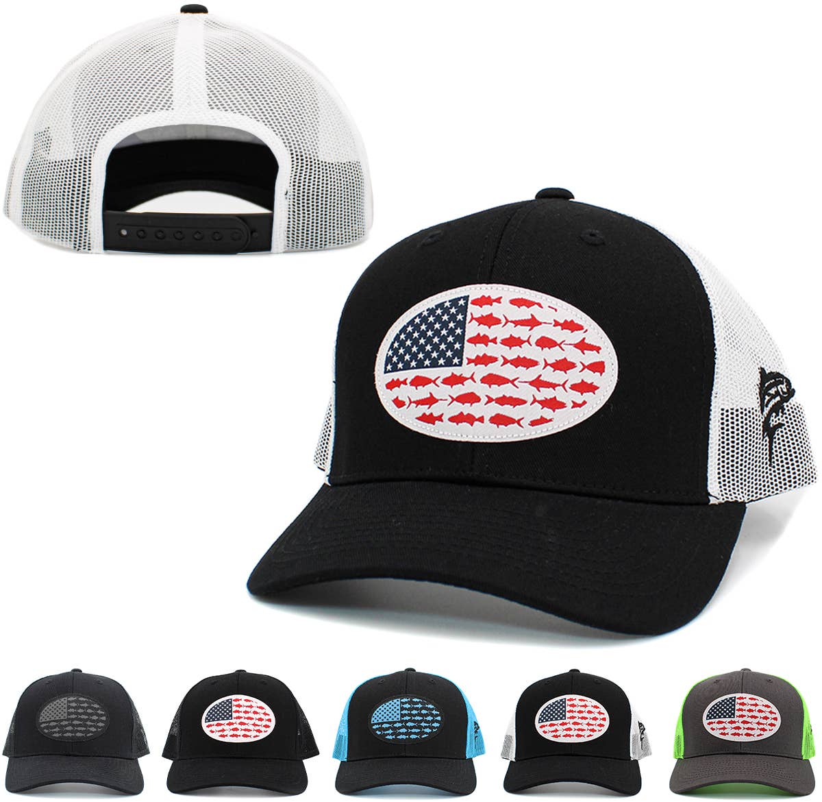 USA Fish Flag Mesh Back Ballcap: BLK-BLK