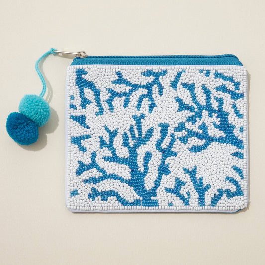 Sea Corals Seed Bead Canvas Pouch: BLU