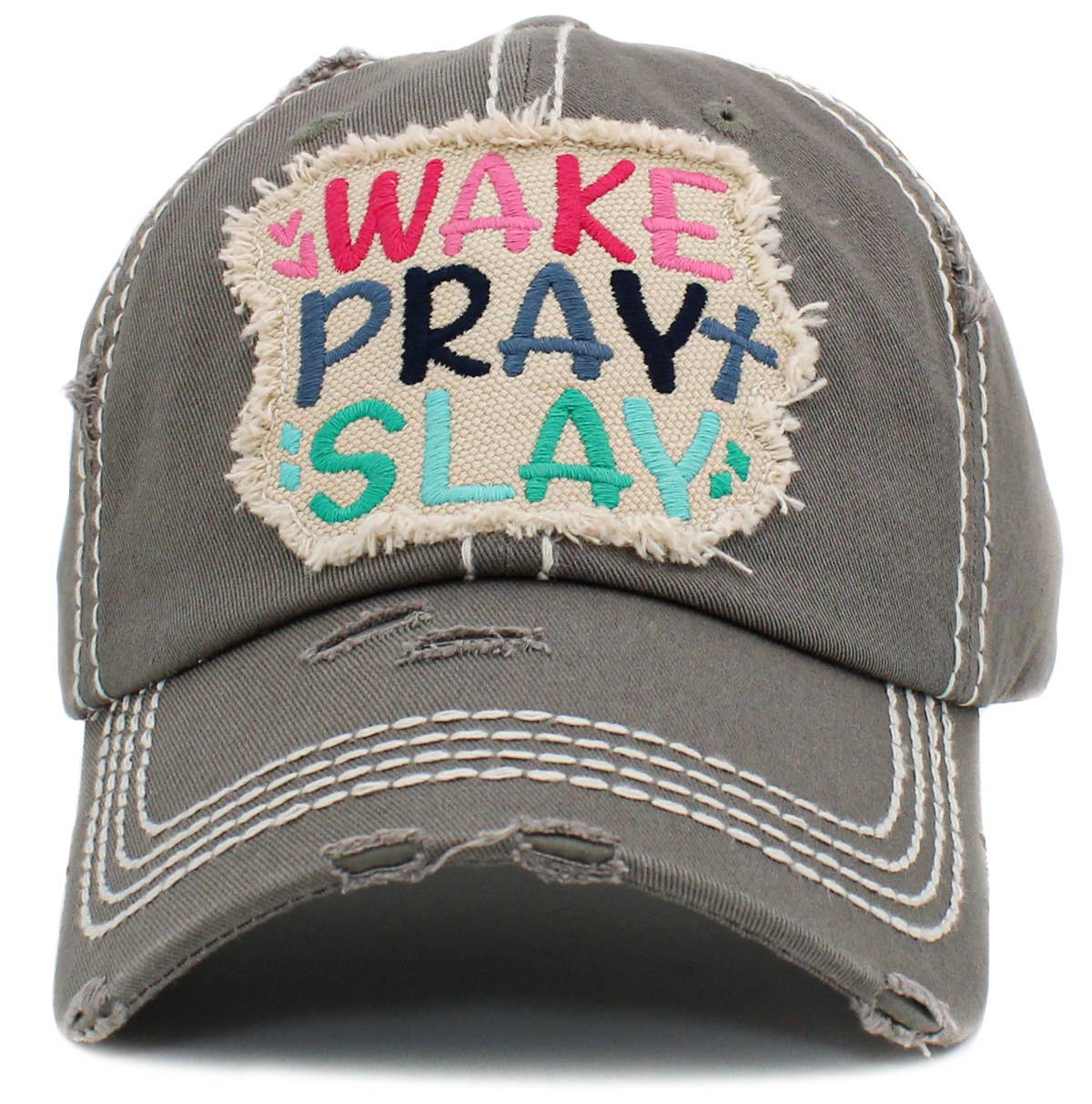 Wake Pray Slay Washed Vintage Ballcap: Grey